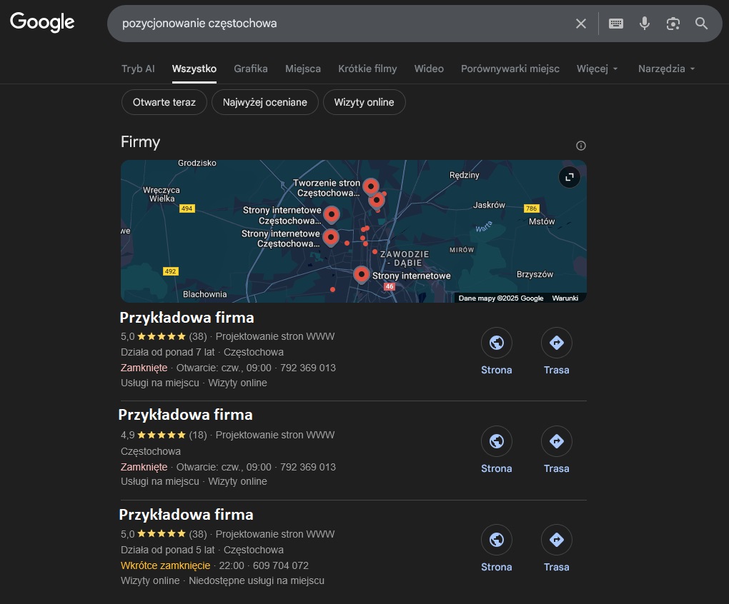 Przykład „pakietu lokalnego” w Google (Mapy Google) - dla zapytania o lokalną usługę wyświetla się mapka z trzema wyróżnionymi firmami z okolicy. Przykład „pakietu lokalnego” w Google (Mapy Google) - dla zapytania o lokalną usługę wyświetla się mapka z trzema wyróżnionymi firmami z okolicy.